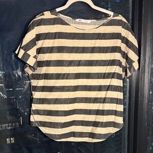 Zara Black and Cream Striped Short Sleeve Top